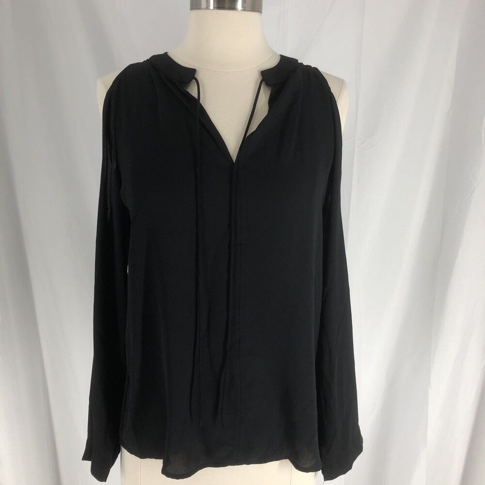 LOFT V Neck Tie Neck Blouse Size XS Black Cold Shoulder